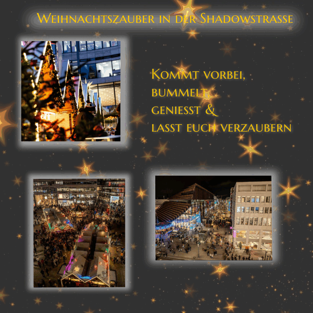 Weihnachtszauber in der Shadowstraße. Weihnachtliche Buden in romantischer Atmosphäre