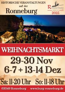 Flyer vom historischen Weihnachtsmarkt auf der Ronneburg 29.11. & 30.11.2025,06.12. & 07.12.2025 13.12. & 14.12.2025