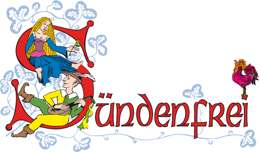 Logo von Sündenfrei mit zwei Gauklern auf dem Buchstaben S, Veranstalter des Mittelalterspektakels im Schlosspark Lembeck