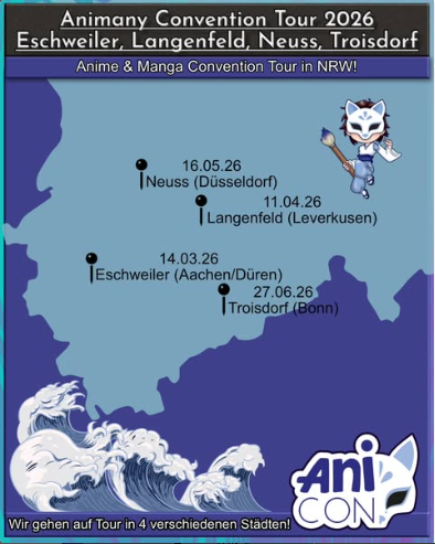 Es ist eine Karte in Blautöne zu sehen, wo mit Stecknadeln die Orte wo die AniCon vertreten