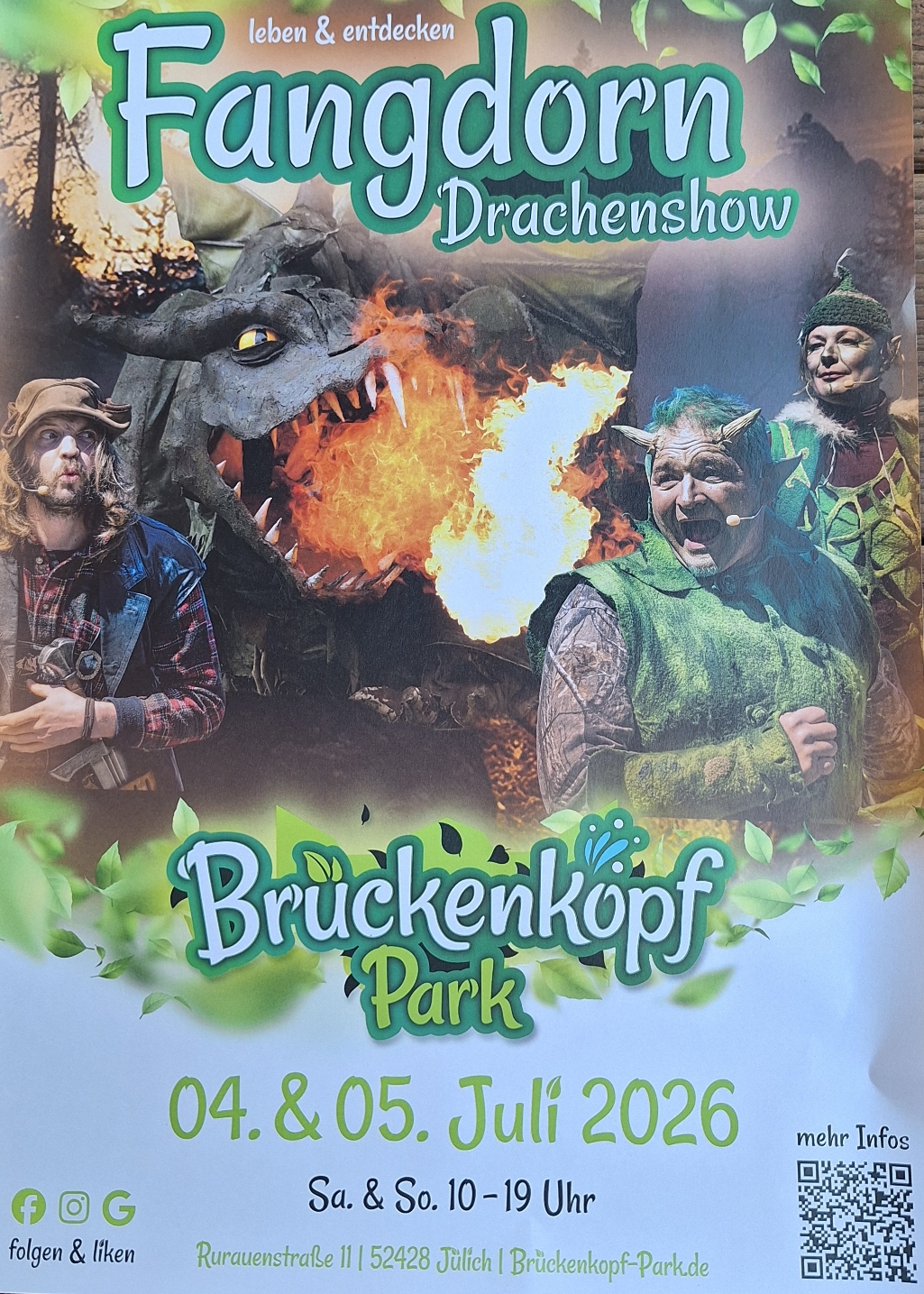 ein Feuerspeiender Drache ud Fabelwesen sind im Fordergrund zu sehen und preisen die Veranstaltung Fangdorn am Brückenkopf Park an